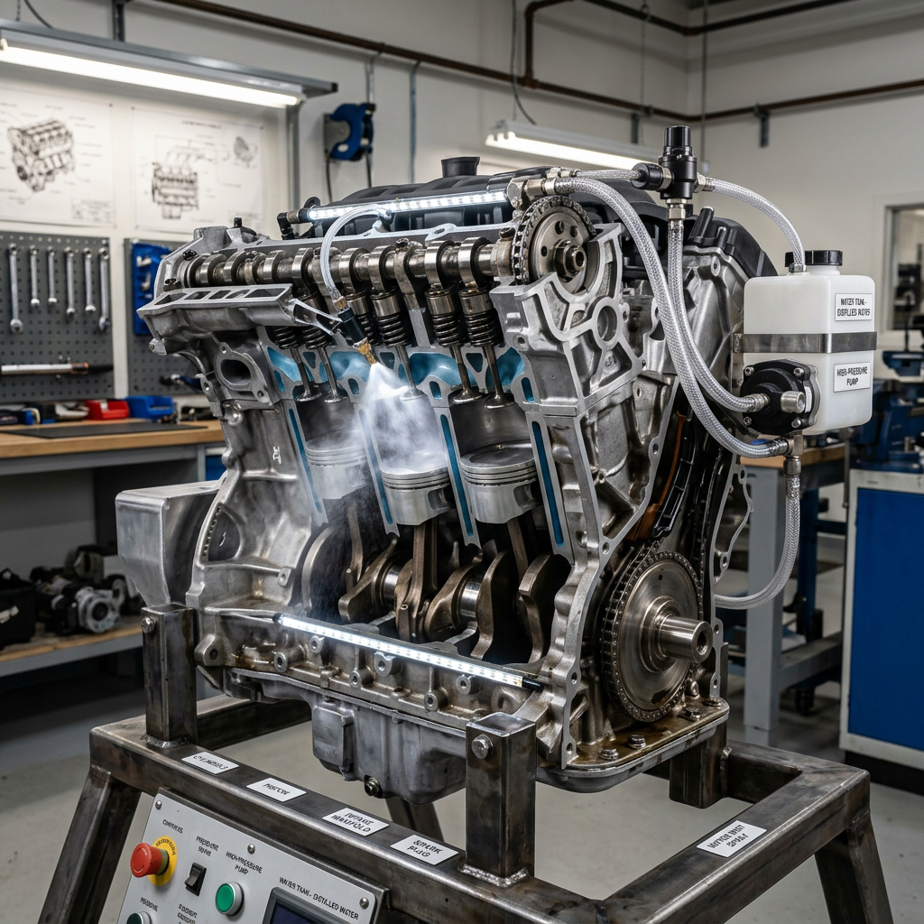 Cutaway view of an internal combustion engine showing pistons, valves, camshaft, and fuel injection system