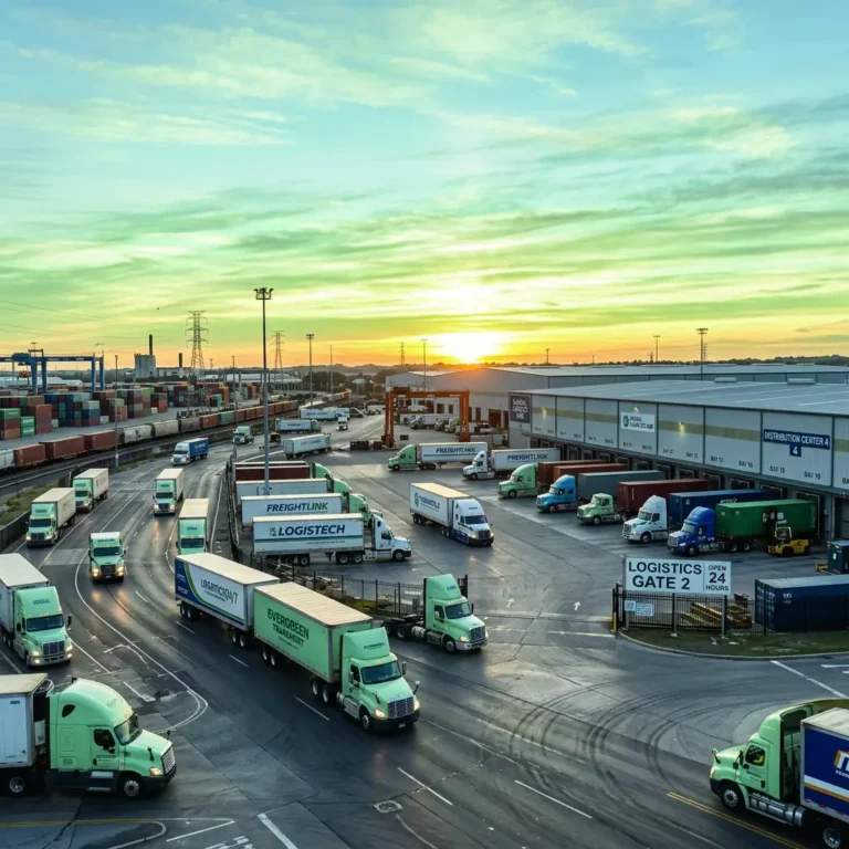 Freight trucks moving through a logistics distribution center with containers and warehouses at sunset