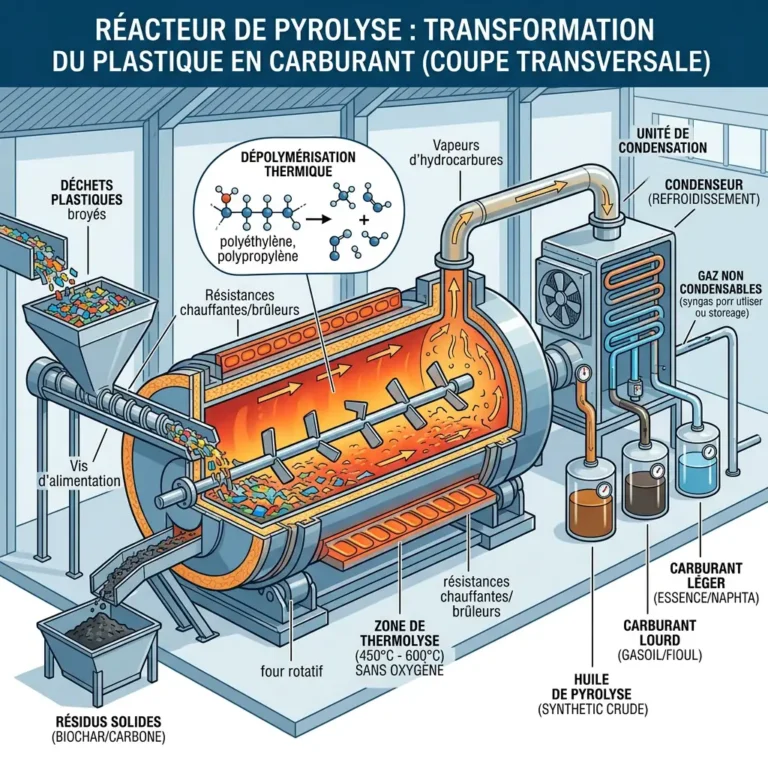 Diagram of pyrolysis reactor showing plastic waste feeding, thermal depolymerization, rotary kiln, hydrocarbon vapor condensation, and fuel outputs