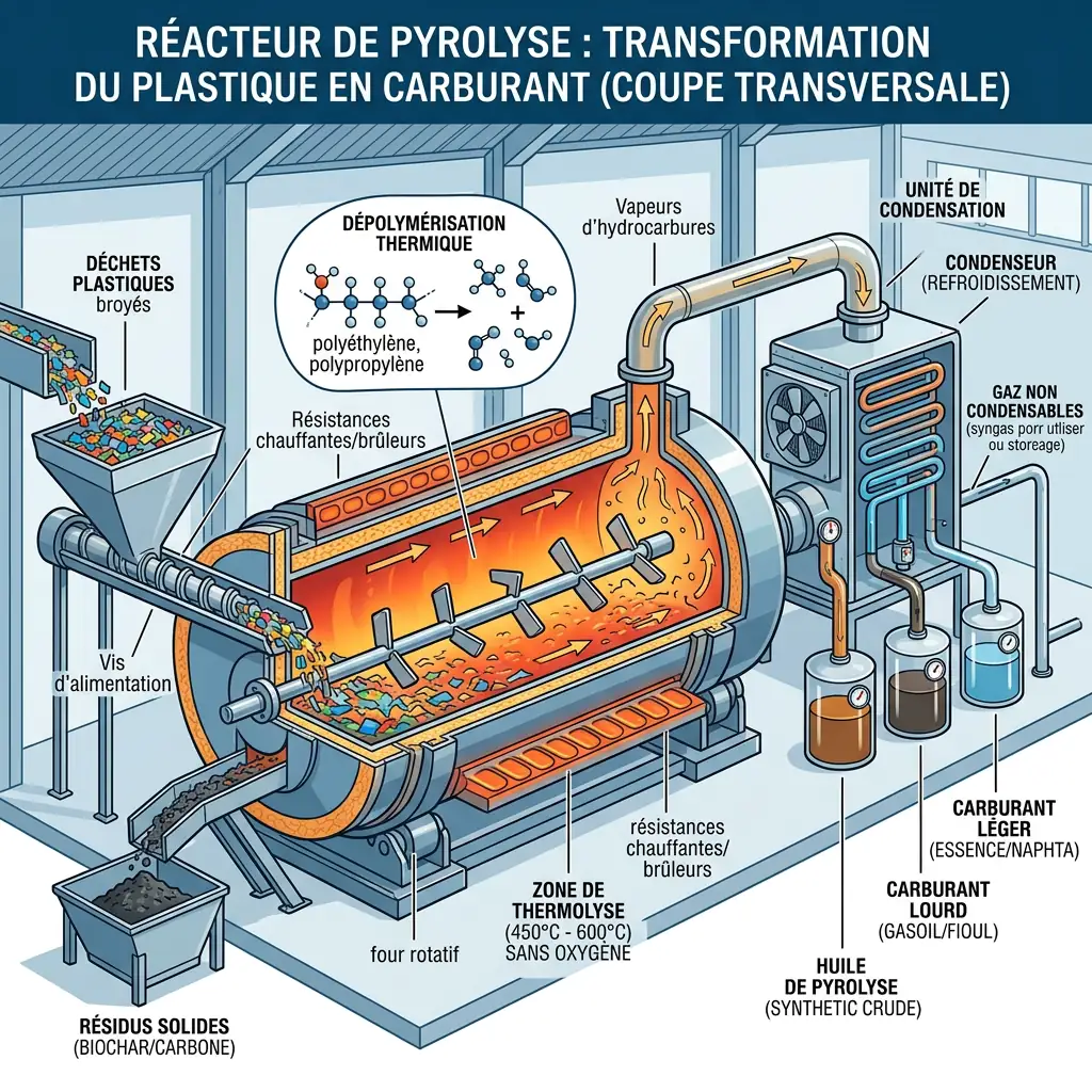 Diagram of pyrolysis reactor showing plastic waste feeding, thermal depolymerization, rotary kiln, hydrocarbon vapor condensation, and fuel outputs
