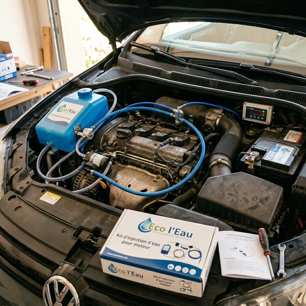 Water injection system installed in car engine with blue tank and tubing